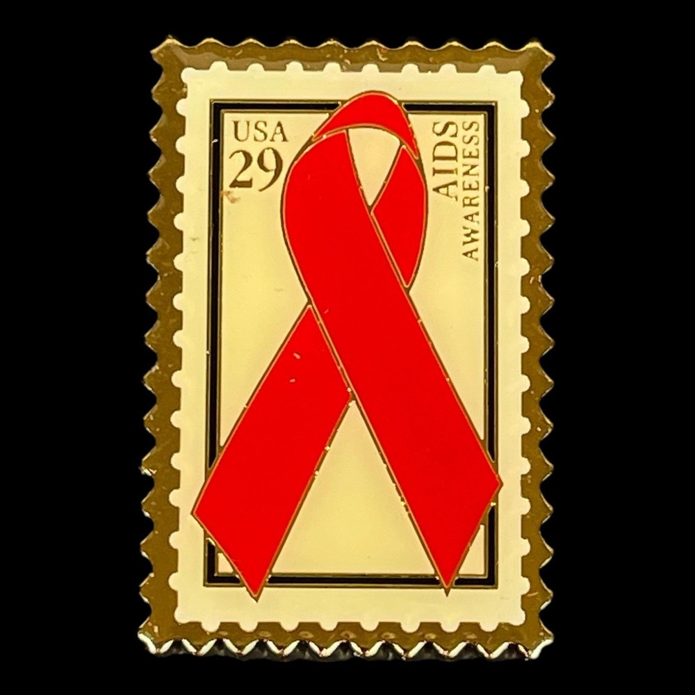 USPS AIDS Awareness Red Ribbon Postage Stamp Pin Gold Red 1993 Vintage Enamel